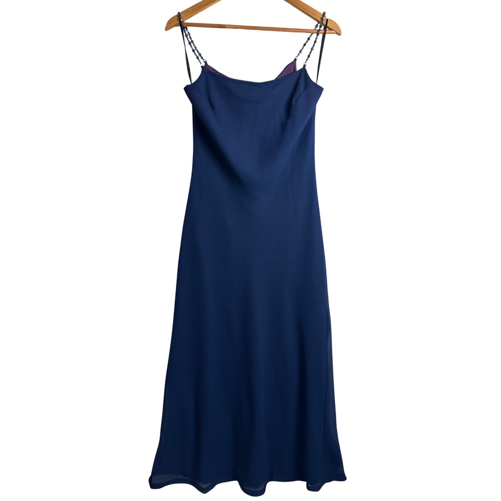 Vintage Jessica McClintock Navy Beaded Strap Maxi Dress Evening Gown 8 prom y2k
